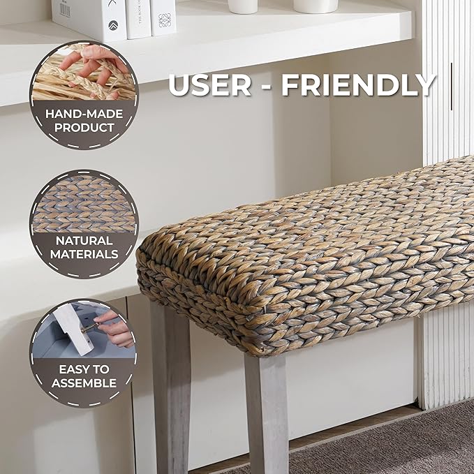 Solid Wood Acacia Indoor Bench with Natural Woven Seat, Wood Bench for Living Room or Entryway - Photo 8