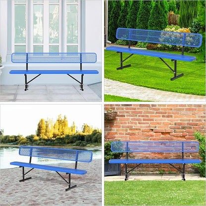 96" Metal Park Benches for Outside - Blue Outdoor Benches Heavy Duty Garden Weatherproof Bench with Backrest, Buddy Bench for Schools,Commercial Benches for Shopping Mall, Store, Yard, Patio