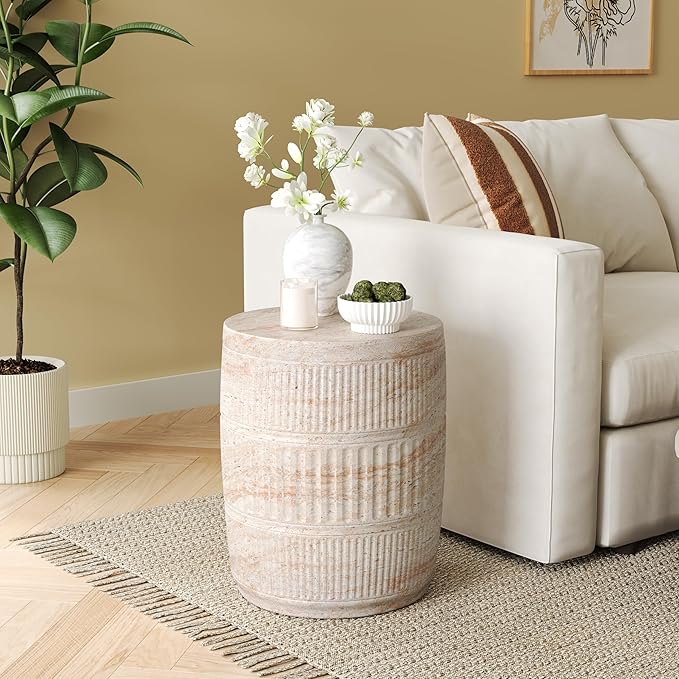 Christopher Knight Home Jaym 18.50" H Indoor Outdoor Accent Side Table, Patio Decorative End Table, Cylinder Lightweight Concrete Garden Stool for Patio Balcony & Garden Decor, Travertine