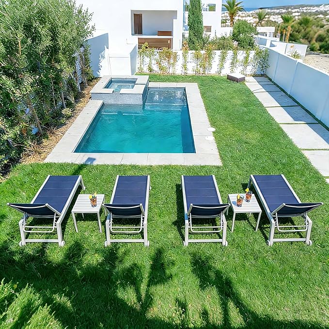 PURPLE LEAF Outdoor Chaise Lounge Adjustable Sunbathing Recliner with Side Table Navy Blue 2 Sets