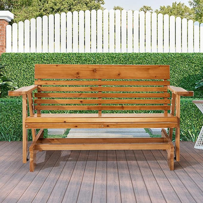 HOMREST Wooden Patio Glider Bench with Cup Holders, Heavy Duty 900LBS Outdoor Loveseat Glider with Ergonomic Deep Contoured Seat and High Roll Back for Garden Porch Balcony (4Ft 2-Seater, Brown)