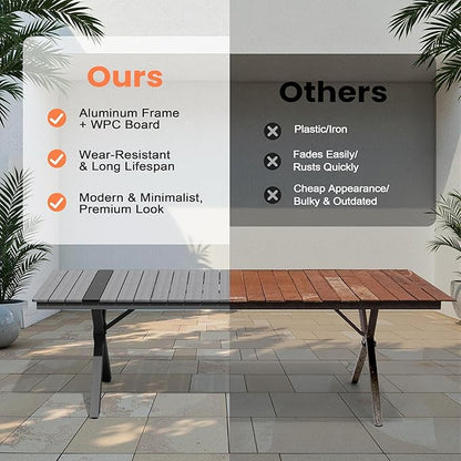 Pellebant 94" Outdoor Dining Table for 8-10, 8ft Aluminum Patio Table with Umbrella Hole, Weather Resistant Grey Wood Grain Tabletop and Sturdy Frame for Deck, Porch, Backyard