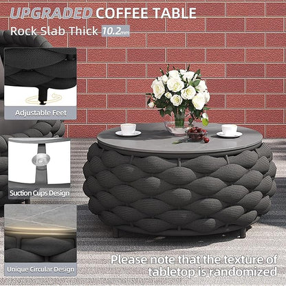 TWT Outdoor Coffee Table Round Centerpiece Table, Lightweight Accent Table with Hand Woven Rope Decor for Garden and Patio(Polyester Rope, Dark Grey)