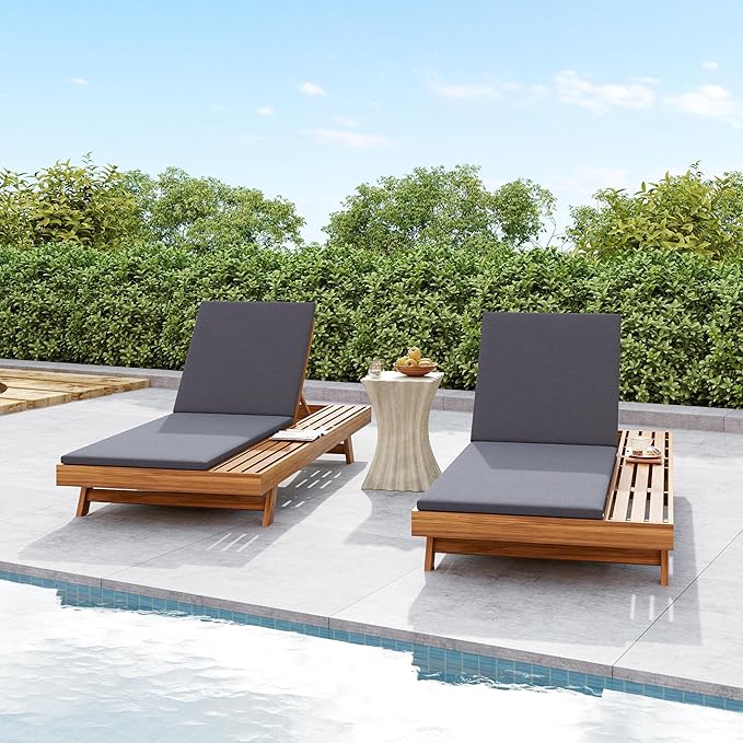 Merax Acacia Wood Chaise Lounge Chair Outdoor Set of 2, Patio Recliner with 4 Position Adjustable Backrest and 1.57" Thick Double-fold Cushion