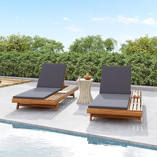 Merax Acacia Wood Chaise Lounge Chair Outdoor Set of 2, Patio Recliner with 4 Position Adjustable Backrest and 1.57" Thick Double-fold Cushion