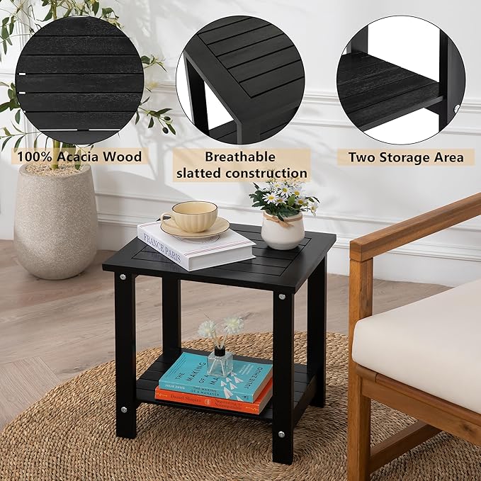 Black Adirondack Outdoor Accent Table – Weather-Resistant Acacia Wood Outdoor End Table with Double Storage - Photo 4