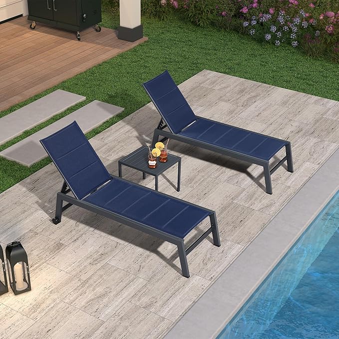 PURPLE LEAF Outdoor Chaise Lounge Set of 2 Aluminum Patio Lounge Chair with Wheels and Side Table Pool Chaise Lounge Chair for Outdoor Backyard Poolside Navy Blue