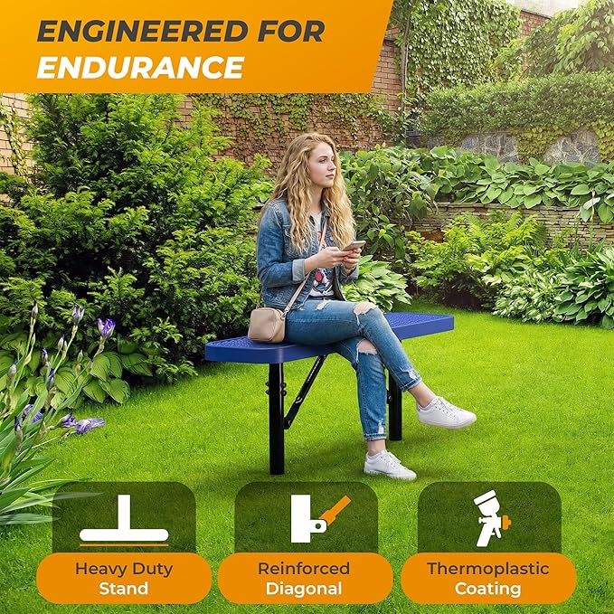 Heavy-Duty Outdoor Metal Bench, Thermoplastic-Coated, Inground, Weatherproof, Commercial-Grade for Parks, Gardens, Patios, Stores & More (4 Ft - Inground, Blue)
