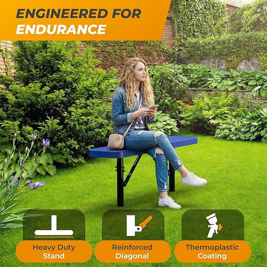 Heavy-Duty Outdoor Metal Bench, Thermoplastic-Coated, Inground, Weatherproof, Commercial-Grade for Parks, Gardens, Patios, Stores & More (4 Ft - Inground, Blue)