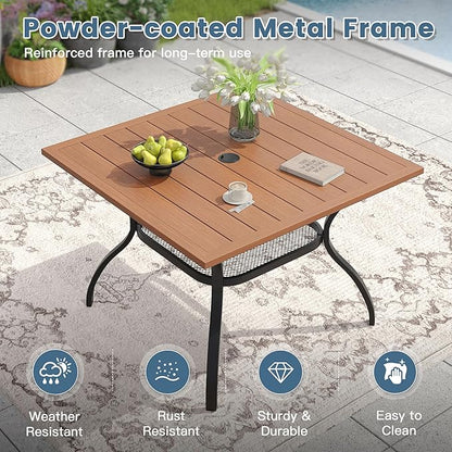 DIFY Outdoor Dining Table, Patio Square Metal Dining Table with 1.57" Umbrella Hole for 4 Person, Ideal for Poolside, Deck, Garden and Balcony, Walnut