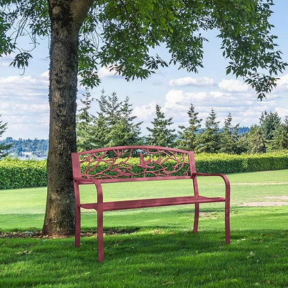 Yaheetech Outdoor Garden Bench Patio Furniture Chair Outdoor with Vintage Bird Pattern Backrest, Slatted Seat, Antique Metal Bench for Yard & Porch & Park, Red