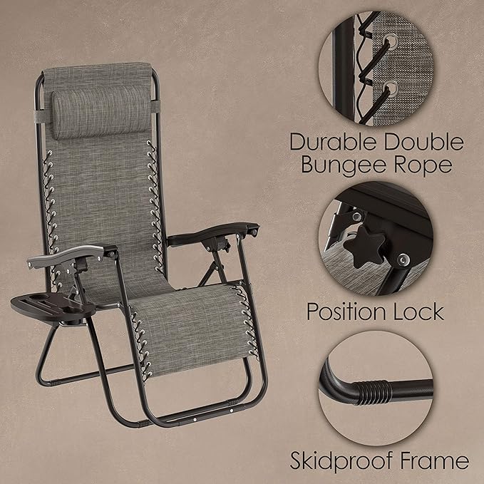 Lavish Home Zero Gravity Lounge Chairs- Set of 2- Gray Folding Anti-Gravity Recliners- Side Table, Cup Holder & Pillow-for Outdoor Lounging