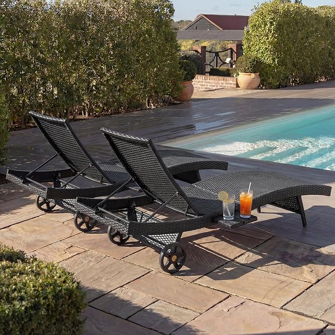 Patio Wicker Chaise Lounge Chairs Set of 2, Outdoor Reclining Lounge Chair w/Rolling Wheels, Pull-Out Side Table - Photo 4