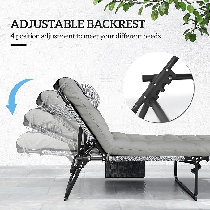 Outsunny Folding Chaise Lounge with 4-Level Reclining Back, Outdoor Tanning Chair with Cushion, Outdoor Lounge Chair with Breathable Mesh Fabric, Side Pocket, Headrest, Gray