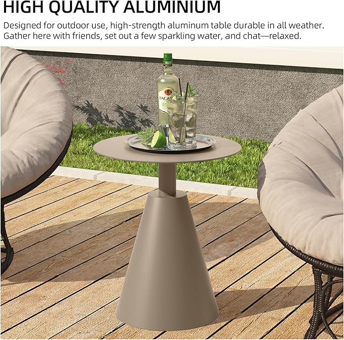 19.5''Φ Outdoor Round Coffee Table Weather-Resistant Aluminum Side Table for Balcony, Patio, Garden, Bedroom (Brown)