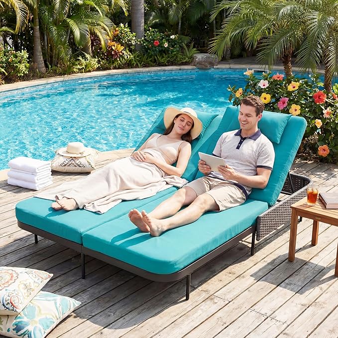 BULEXYARD 51.2" Double Chaise Lounge Outdoor, 2-Person PE Wicker Patio Daybed with Dual 5-Position Adjustable Backrest - Photo 1