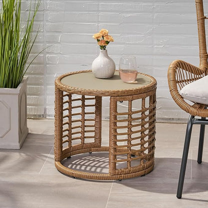 F-Light Rattan Side Tables, Outdoor Round Rattan Coffee Table with Tempered Glass Top for Porch Bistro Set, Brown