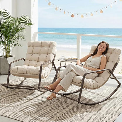 BULEXYARD Beige 2 Pcs Oversized Indoor Outdoor Lounge Royal Rocking Chair with Armrest Footrest for Napping Relaxing, Heavy Duty Patio Reclining Papasan Rocker Chair with Padded Cushion