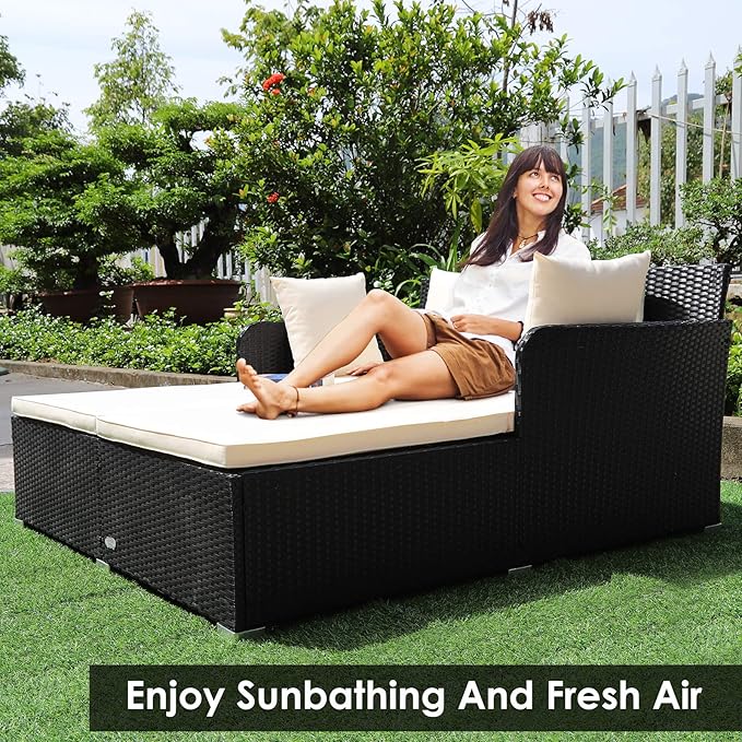 COSTWAY Outdoor Patio Rattan Daybed, Sponge Cushioned Loveseat Sofa with 4 Pillows, Wicker Furniture Sunbed for Balcony - Photo 5