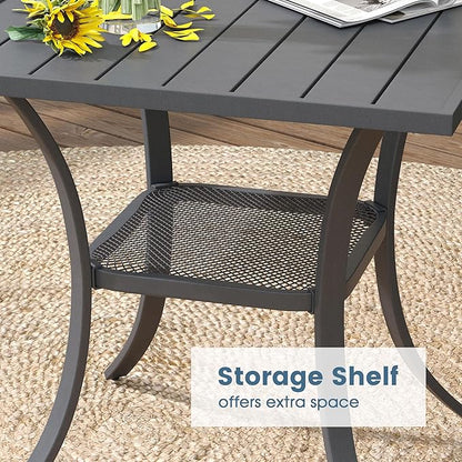 DIFY 27.6" Small Square Outdoor Dining Table for 2, Slatted Metal Patio Table with Storage Shelf, All-Weather Patio Dining Table for Garden Backyard Deck, Grey Tabletop