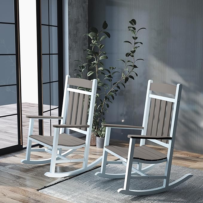 Outdoor Patio Rocking Chairs Set of 2, Made of Metal & WPC, Outside Oversized Porch Rocker Chairs with High Back for Adults, Weather Resistant Outdoor Rocker for Garden Lawn - White and Grey