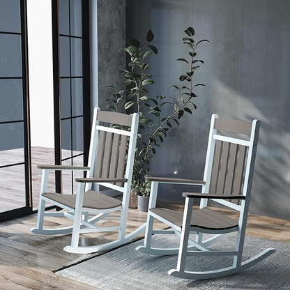 Outdoor Patio Rocking Chairs Set of 2, Made of Metal & WPC, Outside Oversized Porch Rocker Chairs with High Back for Adults, Weather Resistant Outdoor Rocker for Garden Lawn - White and Grey