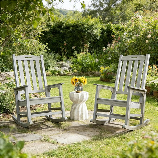 Psilvam Outdoor Rocking Chair Set of 2, Poly Lumber Oversized Rocking Chair with 21" Wide Seat and 32" Tall Backrest, Pre-Assembled with Most Components for Effortless Installation(Light Gray)
