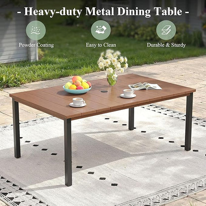 Outdoor Dining Table for 6, 63" Rectangle Outdoor Table with Adjustable Umbrella Hole, All-Weather Metal Patio Dining Table for Lawn Garden Backyard Deck, Walnut