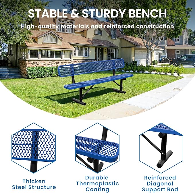 8 Feet Steel Park Bench for Outside, Outdoor Bench with Backrest & Portable Frame, Commercial Benches for Shopping Malls, Stores, Parks, Patios, Decks, Dark Blue