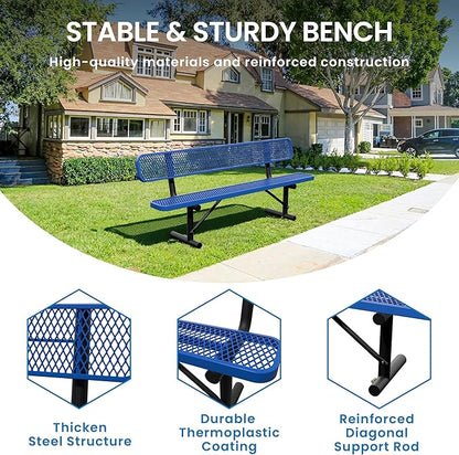 8 Feet Steel Park Bench for Outside, Outdoor Bench with Backrest & Portable Frame, Commercial Benches for Shopping Malls, Stores, Parks, Patios, Decks, Dark Blue