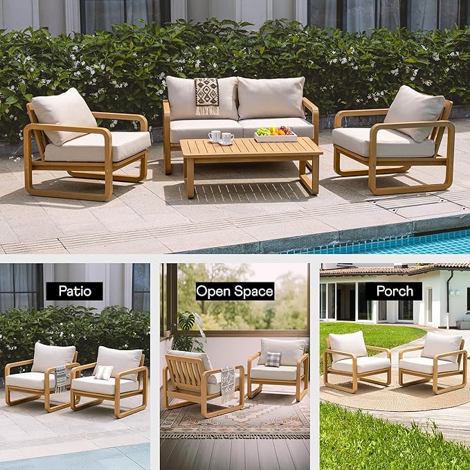 Idzo Ivy Wood Club Chair Set of 2 – Beige Fabric, Outdoor Wooden Armchair Seating with Cushions for Patio, Garden, or Balcony Relaxation