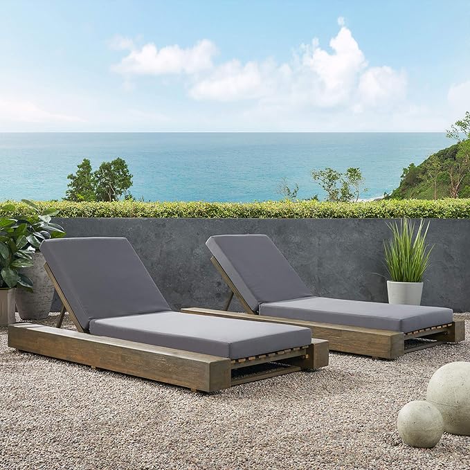 GDFStudio Outdoor Acacia Wood Chaise Lounge and Cushion Sets (Set of 2), Gray and Dark Gray - Photo 4