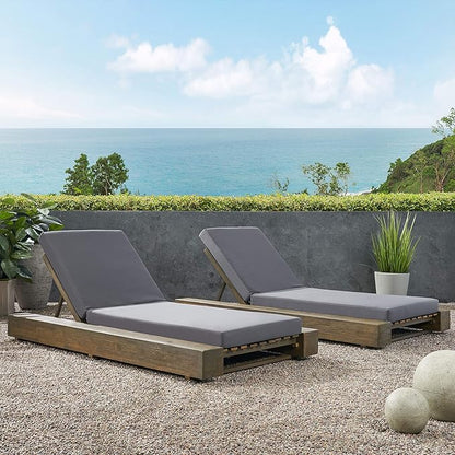 GDFStudio Outdoor Acacia Wood Chaise Lounge and Cushion Sets (Set of 2), Gray and Dark Gray