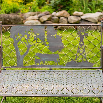 Classic Iron Garden Bench with Nature Scenery (Cow & Windmill Backrest in Bronze)