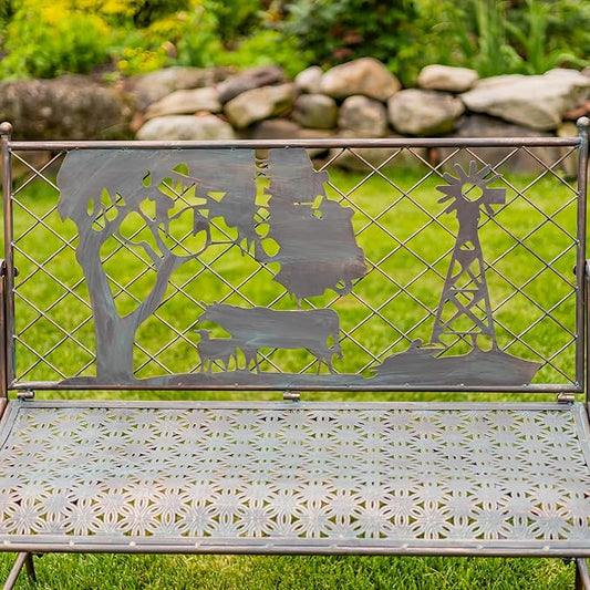 Classic Iron Garden Bench with Nature Scenery (Cow & Windmill Backrest in Bronze)