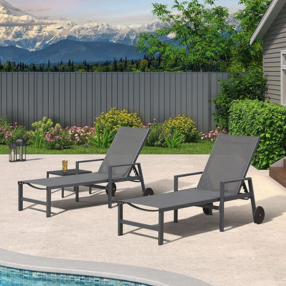 PURPLE LEAF 2 Pieces Outdoor Chaise Lounge Aluminum Patio Lounge Chair with Wheels and Armrests Outdoor Lounge Recliner Chair for Pool Backyard Beach Grey