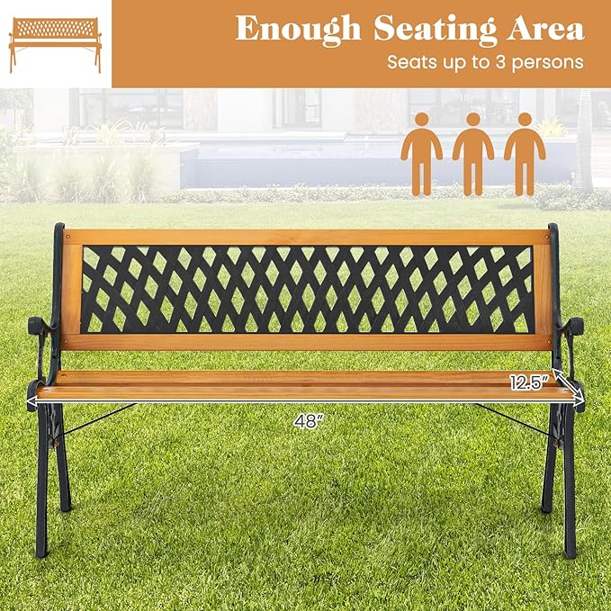Giantex 49.5" 3-Person Outdoor Bench with Lattice Pattern Backrest, 470 Lbs Capacity, Slatted Seat, Curved Armrests - Photo 6