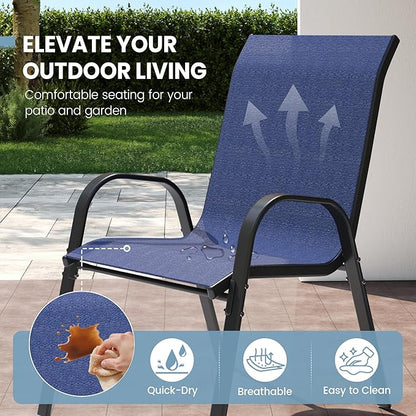 Patio Dining Chairs Set of 8, Outdoor High Stacking Chairs，Breathable Seat Fabric and Alloy Steel Frame for Backyard, Porch, Garden, Sunroom (Blue)