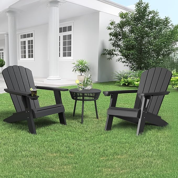 NUNU LAB Outdoor Adirondack Chairs Set of 2, HDPE Plastic Patio Chairs,All Weather Adirondack Chair,Modern Fire Pit Chair with Cup Holder,Outdoor Lawn Chairs for Deck, Porch, Backyard, Garden, Black