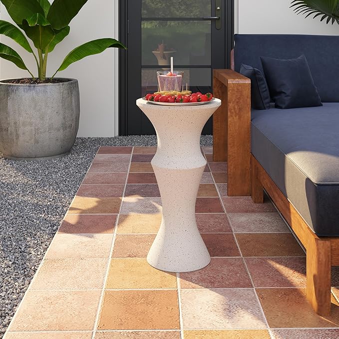 Indoor/Outdoor Side Table – 11” Round Concrete Pedestal Accent Table, Modern Minimalist Mid-Century Stone Side Table for Patio, Balcony, or Living Room, Spotted White