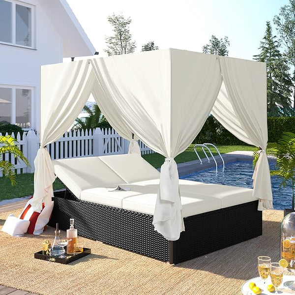 SOFTSEA Outdoor Rattan Daybed with Cushions and Adjustable Seats, Wicker Outdoor Sunbed for Yard Garden, Beige - Photo 1