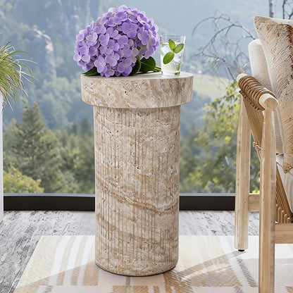 Side Table, 24" Pedestal End Table, 3-in-1 Durable Lightweight Round Coffee Table, Decorative Patio Accent Table Fluted Garden Stool Art Decor for Poolside, Balcony, Living Room, Beige