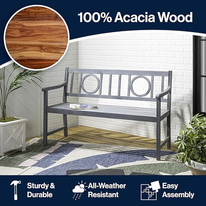 JONATHAN Y BNH104B Apollo 51.2" 3-Seat Circle-Back 600-Lbs Support Acacia Wood Outdoor Garden Patio Bench for Garden, Lawn, Backyard, Pool, Deck, Beach, Firepit, Gray