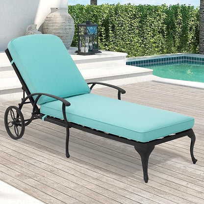 Chaise Lounge Chair Outdoor- Patio Pool Chairs Tanning Lounges for Outside Beach Lounger Cast Aluminum with Cyan Cushion 1Pack