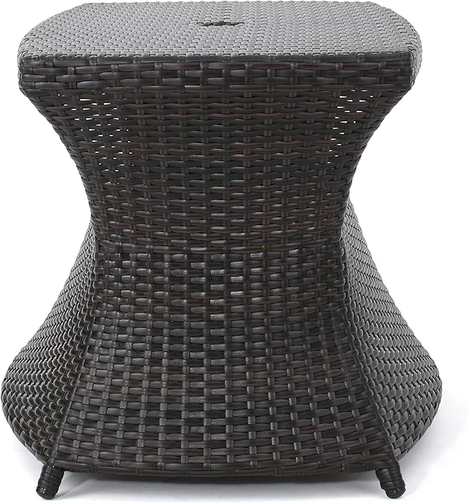 Outdoor Rattan Side Table with Umbrella Hole, All Weather 2 Tier Rattan Wicker Coffee End Table with Storage Shelf for Garden Porch Deck Backyard, No Assembly Required (Brown)
