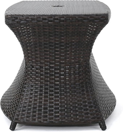Outdoor Rattan Side Table with Umbrella Hole, All Weather 2 Tier Rattan Wicker Coffee End Table with Storage Shelf for Garden Porch Deck Backyard, No Assembly Required (Brown)