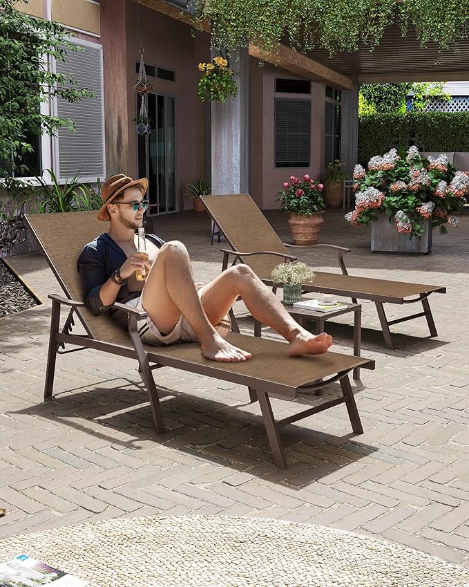 Crestlive Products Aluminum Chaise Lounge Set of 3,Patio Lounge Chairs Five-Position and Full Flat Outdoor Recliner All Weather for Patio, Beach, Yard, Pool (3PCS Brown)