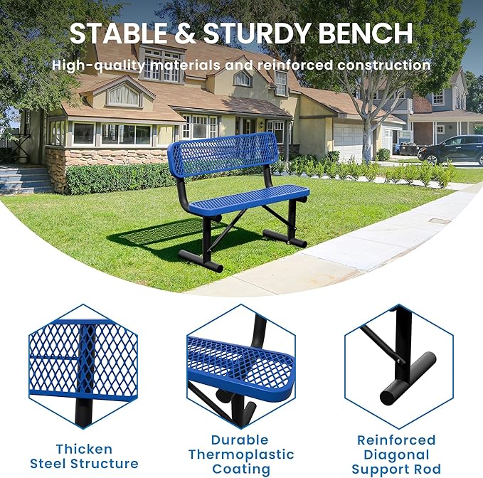4 Feet Steel Park Bench for Outside, Outdoor Bench with Backrest & Portable Frame, Commercial Benches for Shopping Malls, Stores, Parks, Patios, Decks, Dark Blue