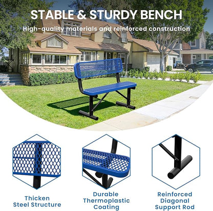 4 Feet Steel Park Bench for Outside, Outdoor Bench with Backrest & Portable Frame, Commercial Benches for Shopping Malls, Stores, Parks, Patios, Decks, Dark Blue