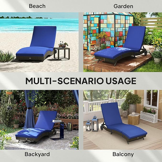 Outsunny Wicker Chaise Lounge Chair Outdoor with Wheels & Cushion, PE Rattan Patio Lounge Chair with 5-Level Adjustable Backrest for Poolside, Garden, Dark Blue
